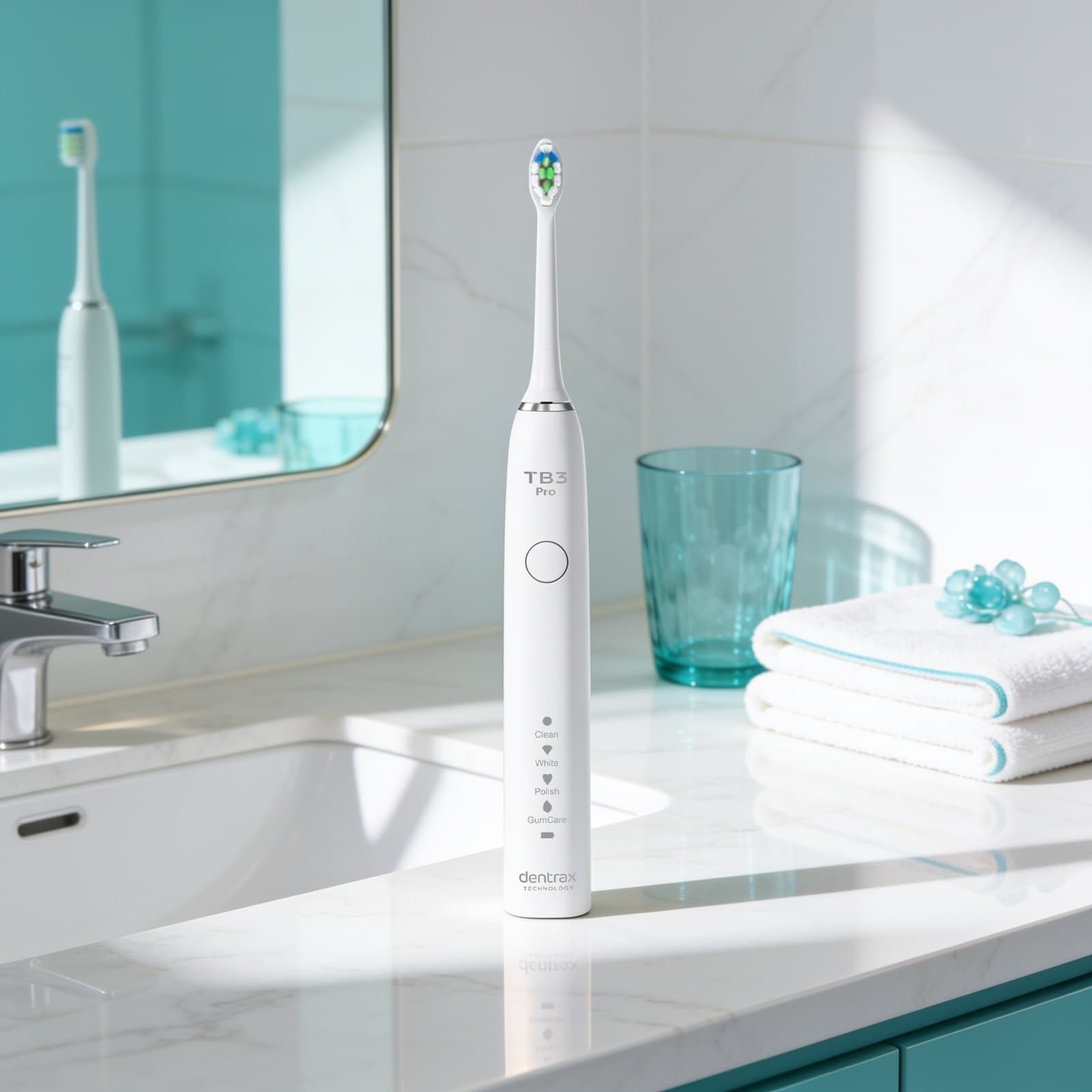 Dentrax TB3 Pro electric toothbrush standing on a bathroom counter